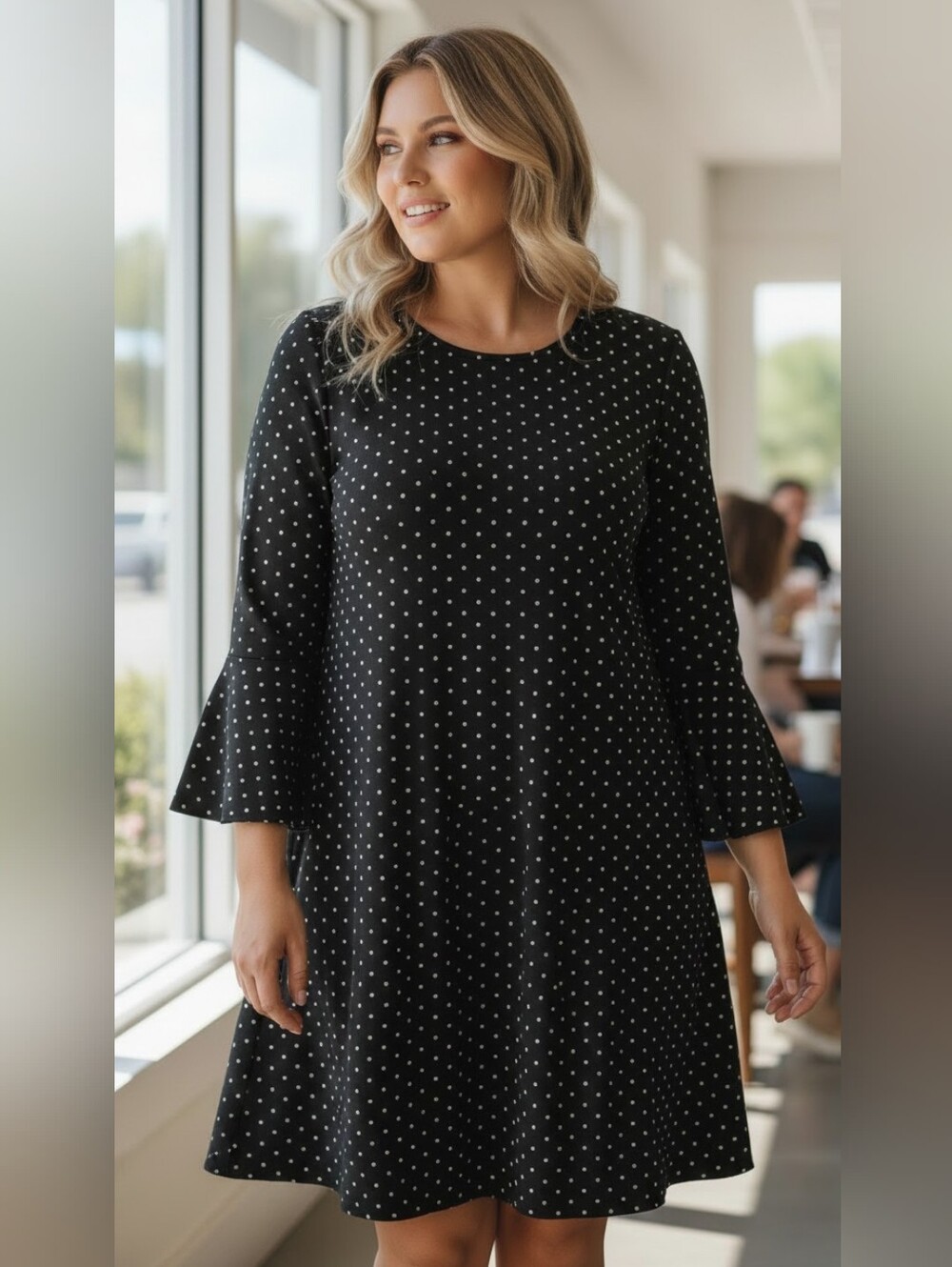 OLD NAVY Black And White Polka Dot Long Sleeve Dress - Classic Scoop Neck